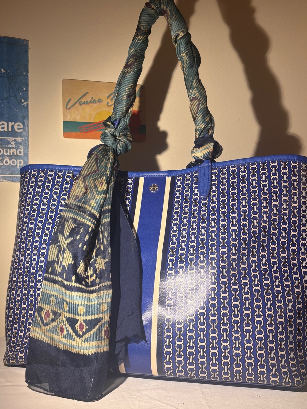 Blue Tory Burch Gemini Link Tote Bag - Patterned Tote w/ Scarf Handles